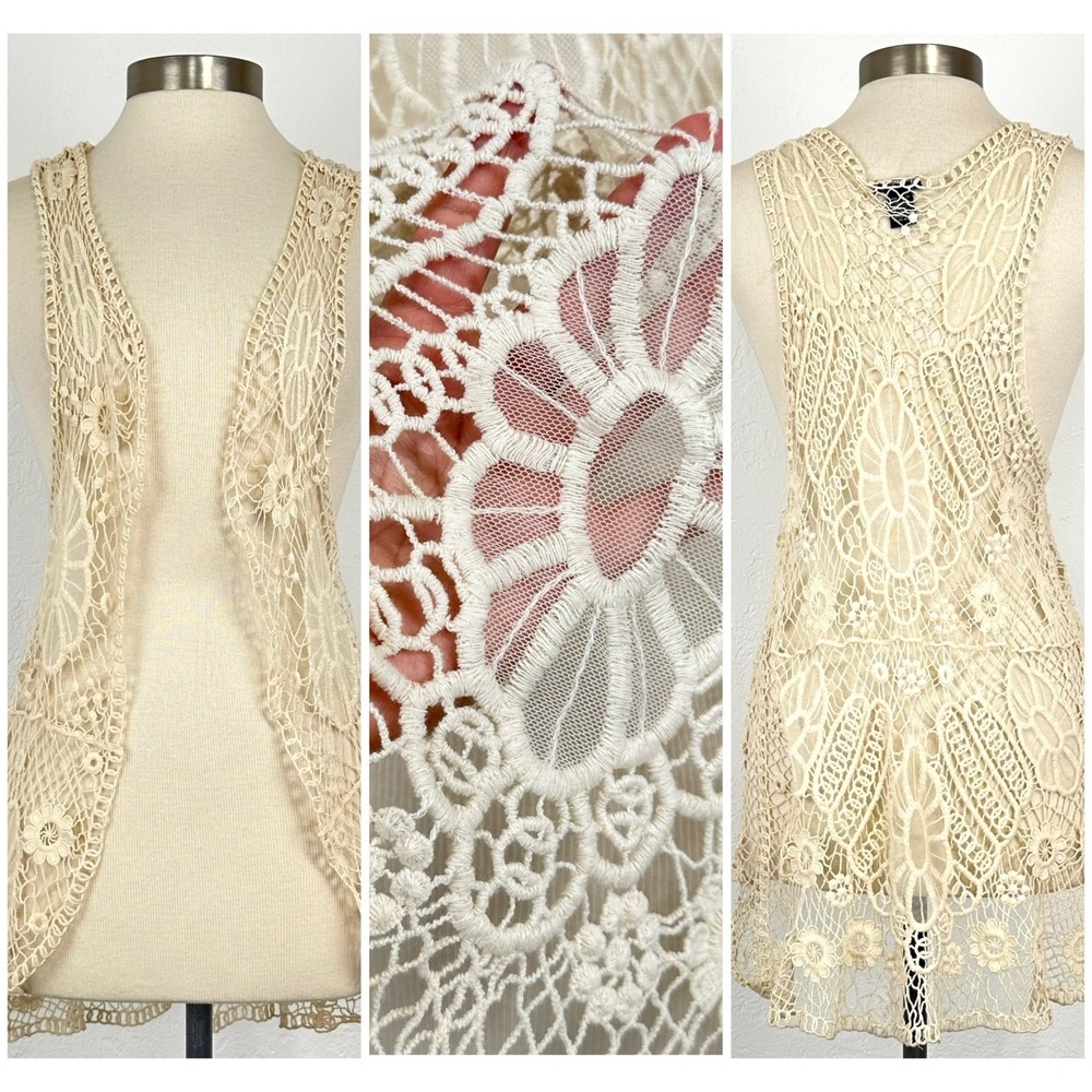 Boho Festival Western Vest Sz Medium Lace Crochet Open Knit 100% Cotton Cardigan